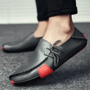Men's Handmade Black -Gray Leather Moccasins Casual with Red Accents